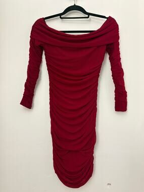 Red Ruched Off-Shoulder Long Sleeve Dress NWT S/M